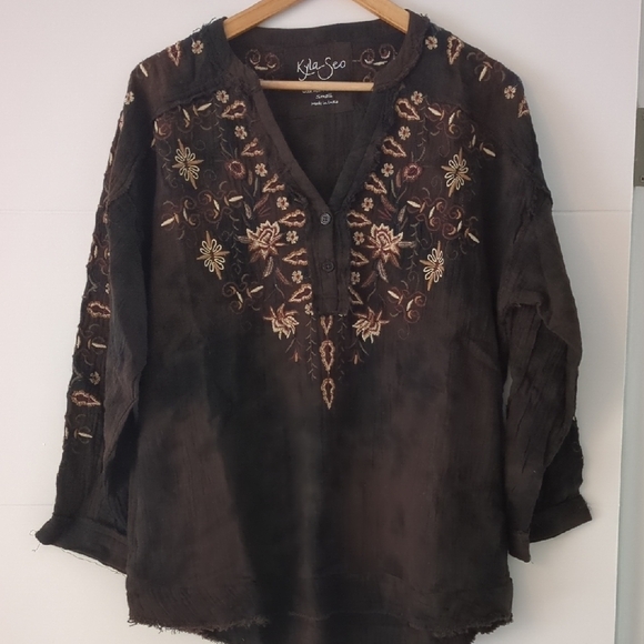 Kyla Seo Gauzy Tie Dye Embroidered Boho Beachy Oversized Tunic Top Side Pockets - Picture 1 of 6